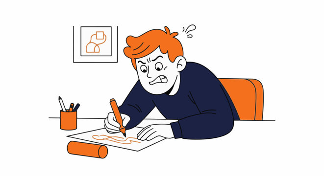 Stressed cartoon student struggling with homework assignment.