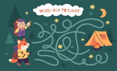 Fototapeta premium Animals tourists maze. Kids educational game, help hedgehog and fox to find tent, maze in forest scene, outdoor adventures, navigation puzzle template garish vector cartoon isolated concept