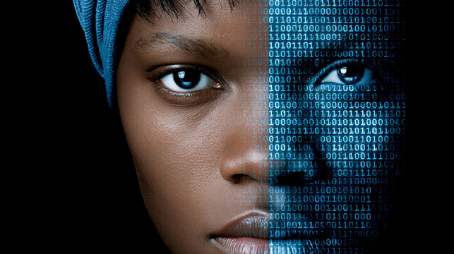 Black woman with digital coding overlay on half of her face  