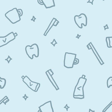 Cute dental care seamless pattern with toothbrush teeth and toothpaste