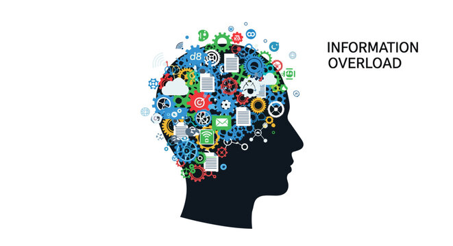 A dark human head silhouette contains an intricate cluster of multicolored gears and data icons to represent cognitive processing against a sterile white background.