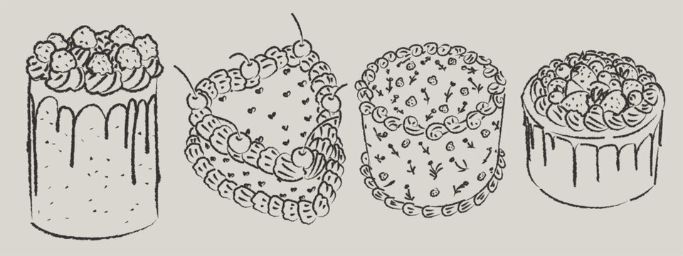 Vector set of hand drawn holiday bakery cakes with textured charcoal outlines. Minimalist celebration dessert doodles collection including heart cake isolated on background for wedding invitations bir