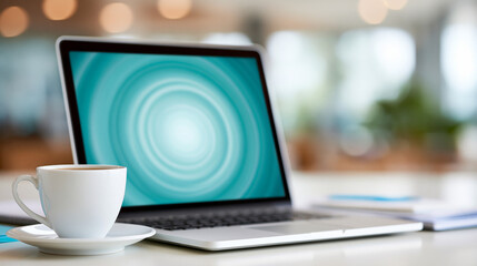Fototapeta premium Laptop and coffee cup on table with blurred background indoors 