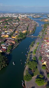 Aerial panoramic view of Hoi An city, Da Nang province, Vietnam. Panoramic footage of Hoian ancient town, UNESCO world heritage. One of the most travel popular touristic destinations 