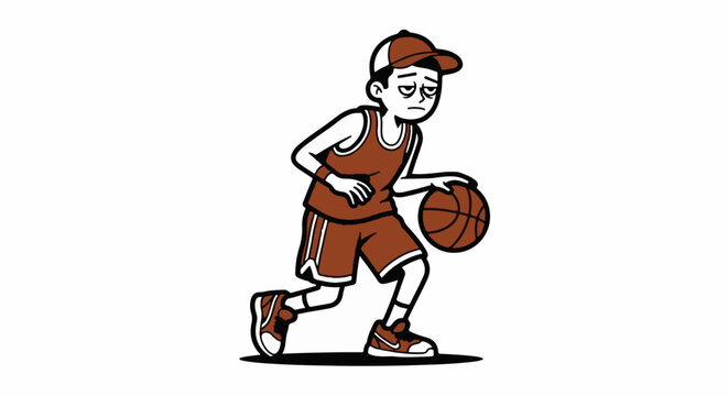 Cartoon boy energetically dribbling a basketball forward.