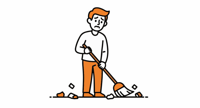 Cartoon man shoveling dirt with garden tool outdoors.