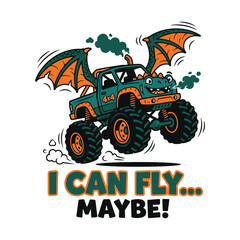 Cartoon monster truck with dragon wings flying with funny text © MdAnisul