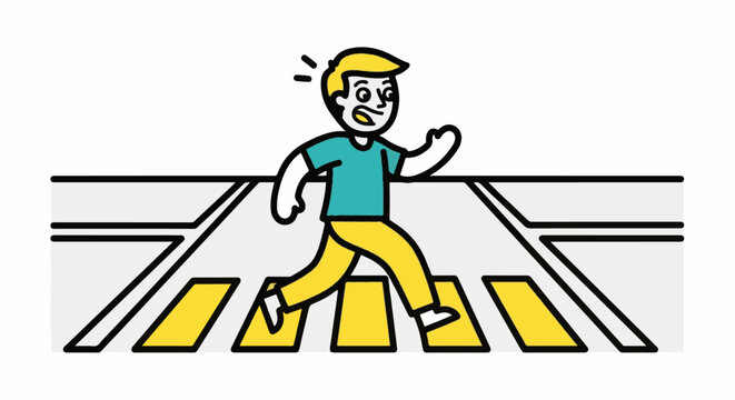 Cartoon person hurriedly crossing a yellow pedestrian crossing.