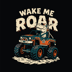 Cute dinosaur sleeping in a colorful monster truck with text design © MdAnisul