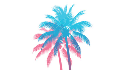 Fototapeta premium Two overlapping palm trees are rendered in a vibrant digital gradient of cyan and magenta against a stark and empty white background for a modern aesthetic.