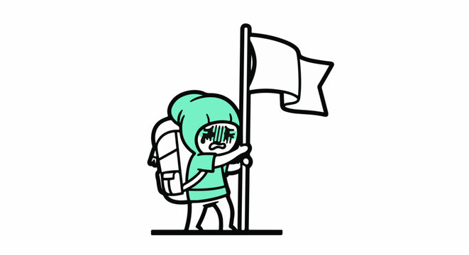 Cartoon hiker holding blank flag on adventure trek.