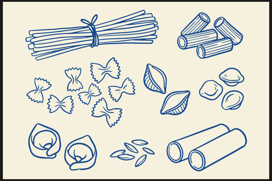 Hand drawn collection of assorted pasta shapes including spaghetti rigatoni farfalle shells orzo ravioli and cannelloni in stylized blue line design on beige background