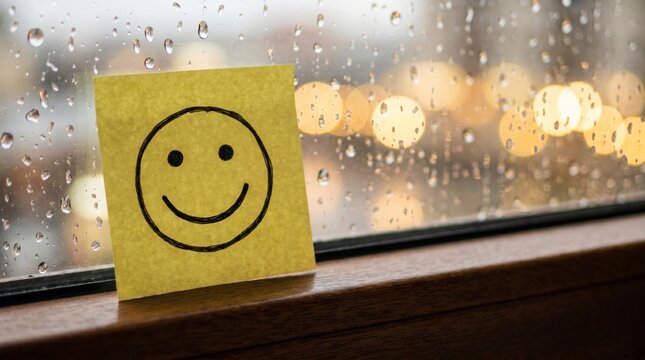 Yellow sticky note with a hand drawn smiley face resting on a rainy window sill