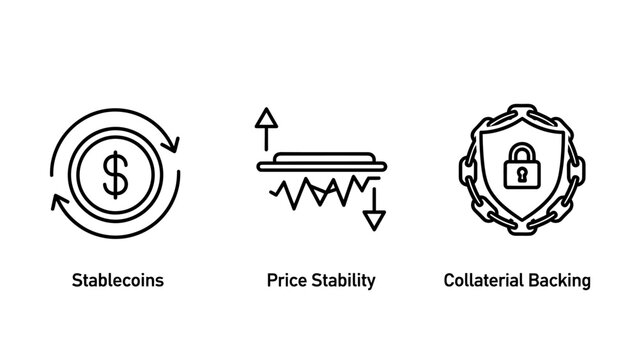 Icons depicting stablecoins price stability with fluctuations collateral backing as shield with lock digital currency line art stablecoin collateral cryptocurrency investment security