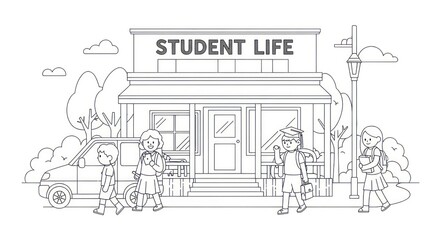 Obraz premium Children walking in front of a school building line art