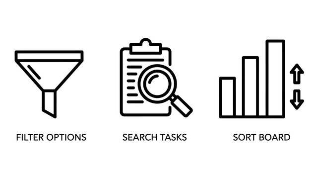 Ui design icons: filter options search tasks sorting board symbols web design black and white magnifying glass bar graph interface elements interface experience application function