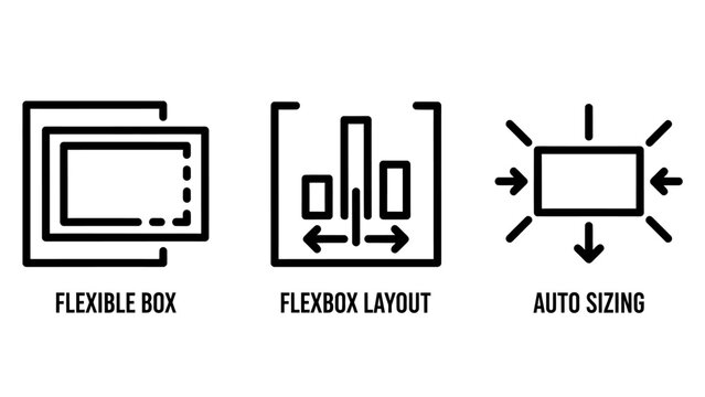 Web design icons: flexible box layout flexbox layout auto sizing symbols black and white web development programming development responsive interface application container dimensions