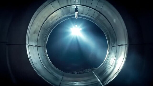 A bright light shines at the end of a metal tunnel