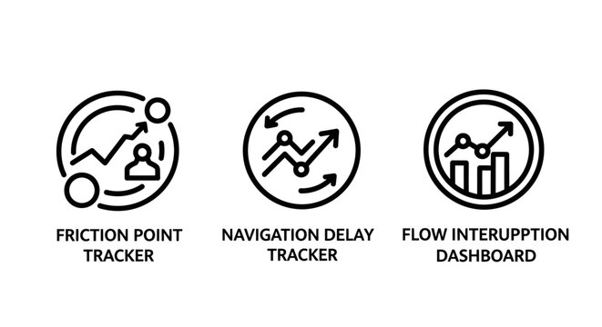 Business analytics icons: friction point tracker navigation delay flow interruption dashboard symbols user experience black and white user journey customer journey problem solving business