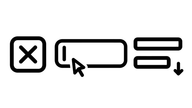 User interface elements: close button text input field dropdown menu icons x mark user experience web design black and white data entry form field button icon interface elements