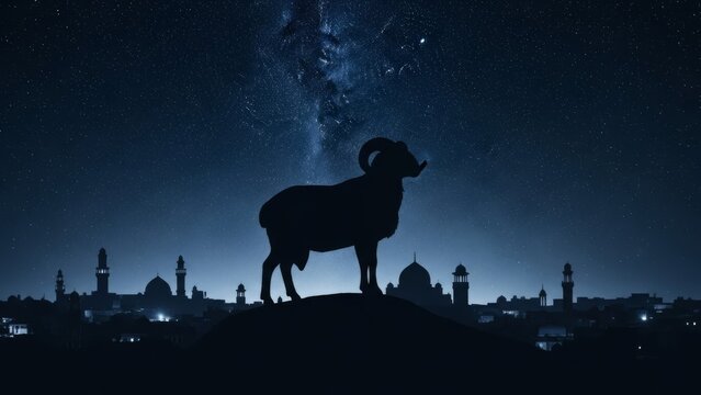 Silhouette of a ram standing on a hill overlooking a city at night