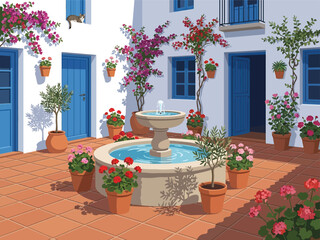 Fototapeta premium Mediterranean Courtyard With Fountain and Flowers