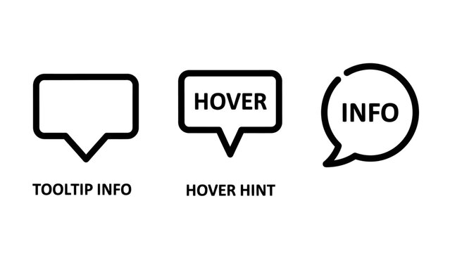Tooltip information and hover hint icons with user interface tooltip info information dialogue illustration notification instruction interface communication explanation