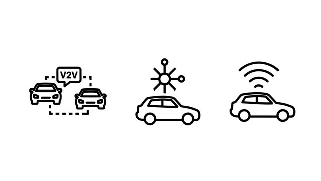 Connected car technology icons: v2v communication autonomous driving wireless signal with self driving traffic control vehicle communication connected technology communication autonomous
