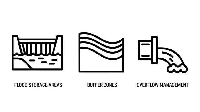Flood management icons: storage areas buffer zones overflow control with waste water management plan management overflow drainage environment disaster prevention regulation infrastructure