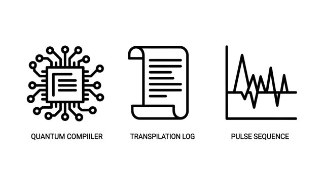 Advanced technology and science icons set with quantum compiler translation log pulse sequence visualization big data artificial intelligence machine learning compiler translation sequence