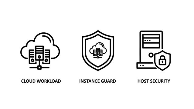 Cloud computing and cybersecurity concepts including workload instance guard host security icons set security cybersecurity protection computing technology workload instance internet