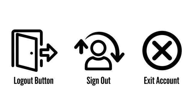 Logout sign out exit account user interface icons set with black and white line art web design app design access control user experience web button log off application pictogram internet