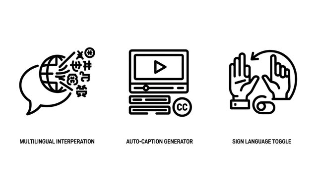 Universal notification auto-caption generation language interpretation communication tools icons with sign language hand gesture closed caption line art communication language translation