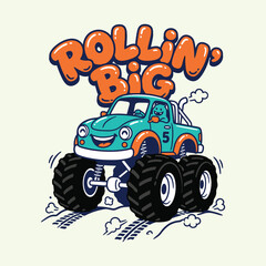Cartoon monster truck driving with Rollin Big text design © MdAnisul