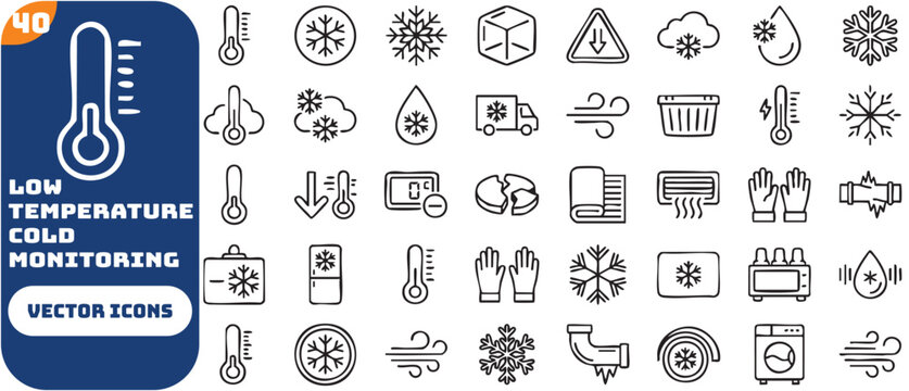 Low temperature thermometer icon. Cold, icy and freeze symbol. Chill, frost and snow sign. Temperature and alert concept representing low heat, cool conditions, and cold monitoring.