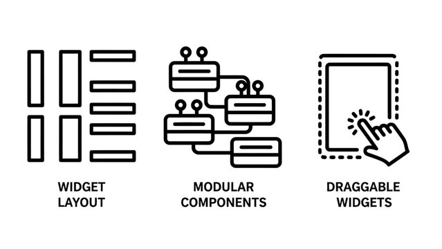 Widget layout modular components draggable widgets icons for user interface and web design concepts with drag and drop user experience component draggable interface application customization