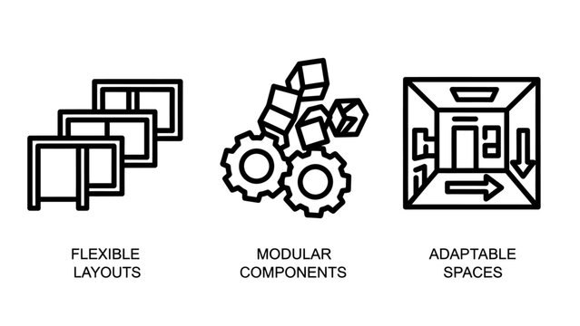 Set of architectural and design concept icons showing flexible layouts with nested frames modular components with gears and cubes adaptable spaces with a floor plan and arrows architecture