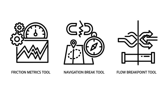 Ux and user flow analysis icons including friction metrics tool with charts navigation break tool with broken link and compass flow breakpoint tool with pipes and arrows friction navigation