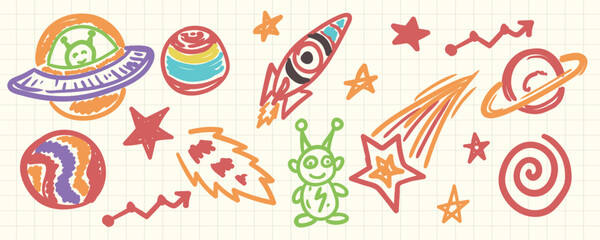 Cute Space Theme Cartoon Doodle Illustration Set © Palugada Asset
