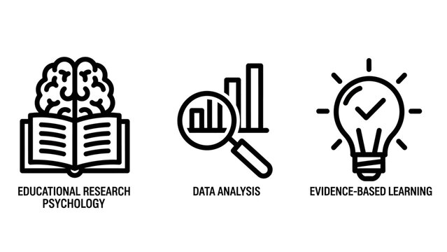 Educational research and data analysis icons representing psychology studies magnifying glass information search evidence-based learning concepts education research psychology analysis