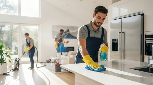 Man cleaning kitchen counter with sponge in bright modern home during professional sanitization service