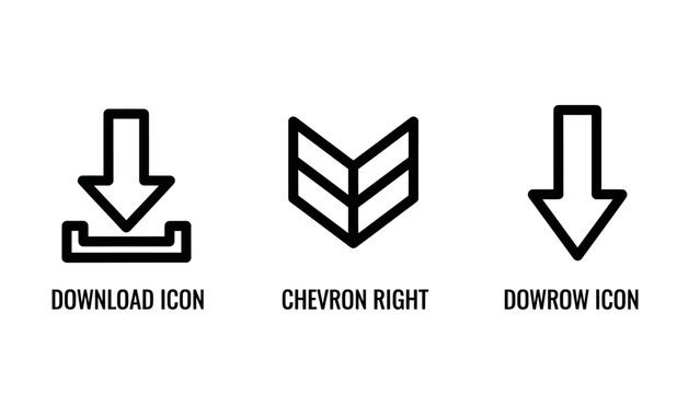 Set of black outline navigation and action icons including download button chevron arrow downward pointing symbol on a white background download navigation interface computer graphics