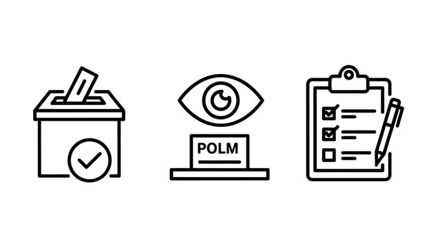 Election and public opinion polling icon collection showing ballot box voting poll monitoring surveillance survey checklist verification processes election collection checklist verification