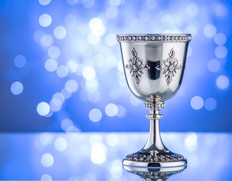 Luxurious platinum diamond chalice blurred winter gala bokeh background