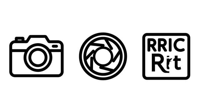 Camera photography lens and rric logo technology symbols with photography aperture technique equipment photographer snapshot exposure professional function mechanical creative production