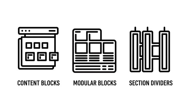 Web and interface design icons for content blocks modular components section dividers with interface development framework structure template programming software component platform wireframe