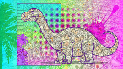 Financial abstract illustration. Giant money cartoon violet dinosaur. Bygone era. Multitude of banknotes of various denominations. 1, 2, 10 and 100 dollar bills. Bright spots, plants, computer chips © GAlexS
