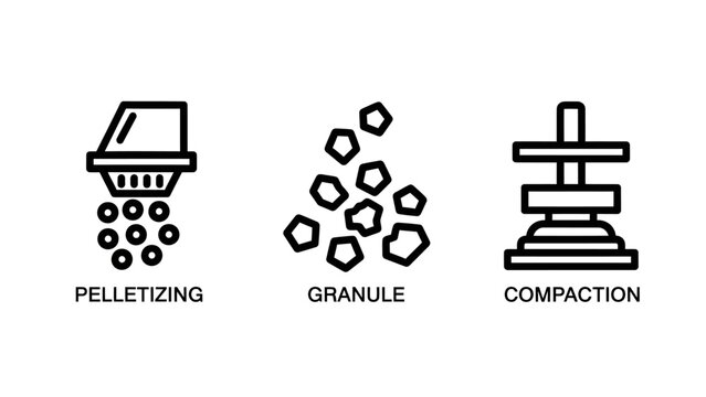 Industrial manufacturing icons depicting pelletizing process granules and material compaction with industrial tools manufacturing industrial pelletizing compaction production materials industry