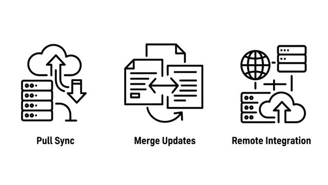 Data synchronization icons including pull sync merge updates remote integration with remote access digital transformation synchronization integration technology computing database transfer