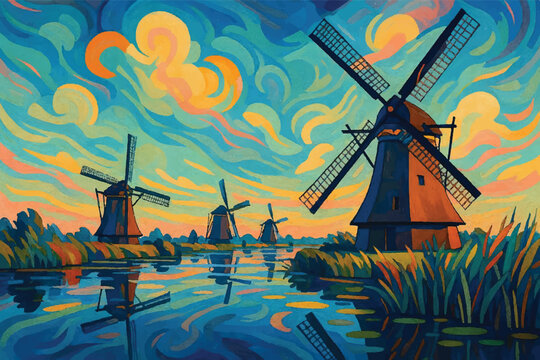 Kinderdijk windmills Netherland views contemporary creative digital art style  illustration